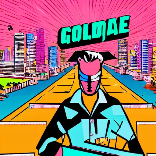 Image similar to Miami Vice themed luchador event on the Golden Gate Bridge; Luchador costume; miami Vice; colors; graphic art; vector graphics; masterpiece illustration comic