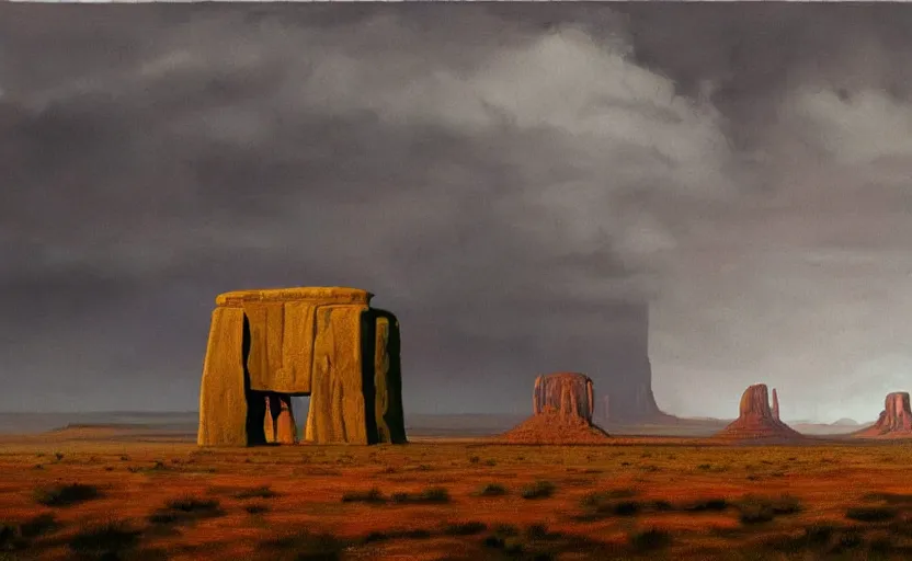 Prompt: hyperrealist painting of an giant cube from independence day ( 1 9 9 6 ) in monument valley stonehenge. 1 9 7 0 s science fiction, moody, misty, depth perception, 4 k, artstation, in the style of studio ghibli