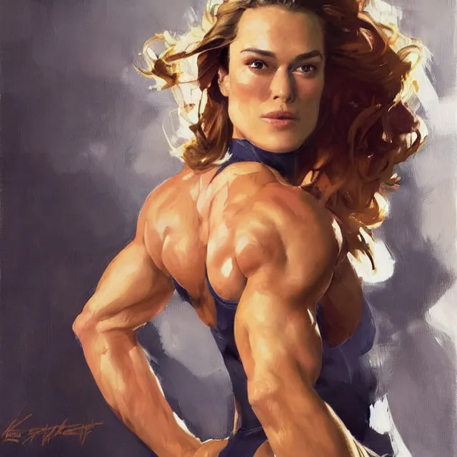 Image similar to greg manchess portrait painting of confident keira knightley as beautiful thick female bodybuilder zarya from overwatch, medium shot, asymmetrical, profile picture, organic painting, sunny day, matte painting, bold shapes, hard edges, street art, trending on artstation, by huang guangjian and gil elvgren and sachin teng