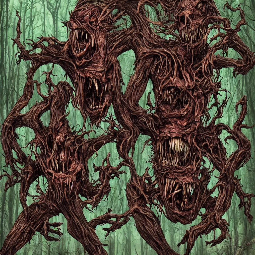 Image similar to forest, horrifying creature, necro, necromorph, fangs