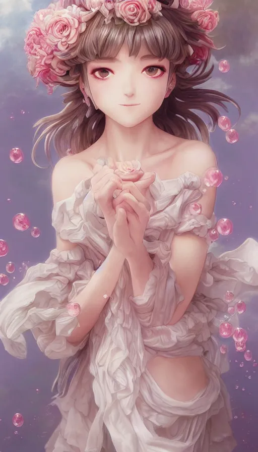 Image similar to portrait of kirisame marisa, touhou, dreamy and ethereal, expressive pose, big pink eyes, peaceful expression, ornate frilly dress, fantasy, intricate, elegant, many rainbow bubbles, rose tones, highly detailed, digital painting, artstation, concept art, smooth, sharp focus, illustration, art by artgerm and greg rutkowski and alphonse mucha