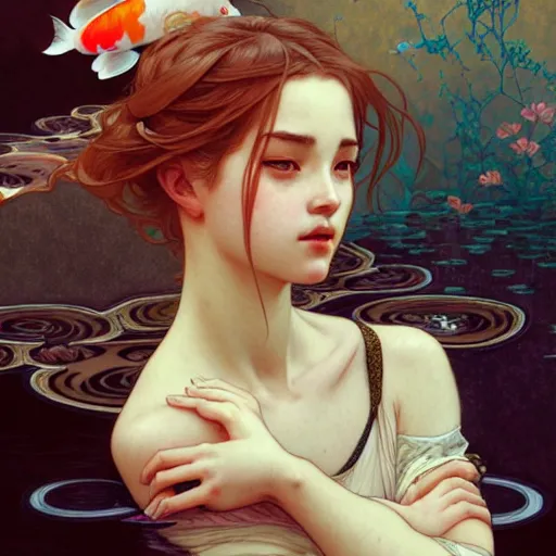 Image similar to Portrait of a girl surrounded by Koi fish, face, fantasy, intricate, elegant, highly detailed, digital painting, artstation, concept art, smooth, sharp focus, illustration, art by Krenz Cushart and Artem Demura and alphonse mucha