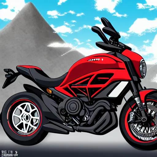 Image similar to anime art vehicle concept art, anime key visual of ducati diavel, on a country road, trending on pixiv fanbox, studio ghibli, extremely high quality artwork