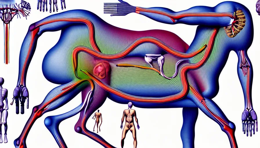 Image similar to psychedelic anatomically accurate labeled medical diagram of centaur, intricate parts, fine details, hyper realistic, elegant minimalism, by seichen, surreal