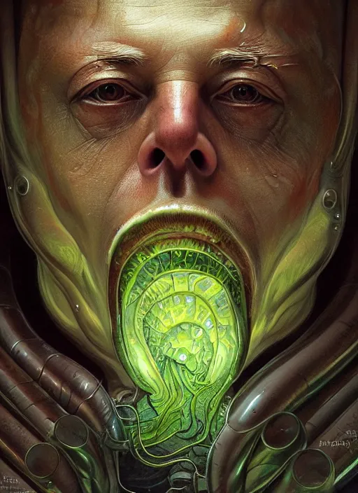 Prompt: elon musk as mollusk, slime, drool, portrait, intricate, elegant, highly detailed, digital painting, artstation, concept art, wallpaper, smooth, sharp focus, illustration, art by h. r. giger and artgerm and greg rutkowski and alphonse mucha