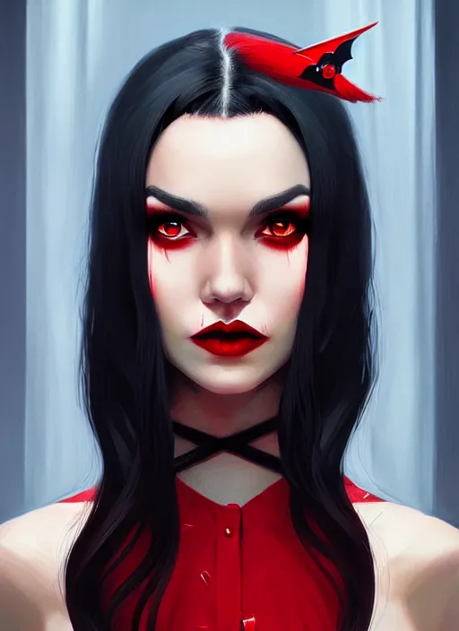 Image similar to portrait of vampire veronica lodge with bangs, vampire fangs, vampire, long hair, red clothes, bangs, vampironica, intricate, elegant, glowing lights, highly detailed, digital painting, artstation, concept art, smooth, sharp focus, illustration, art by wlop, mars ravelo and greg rutkowski