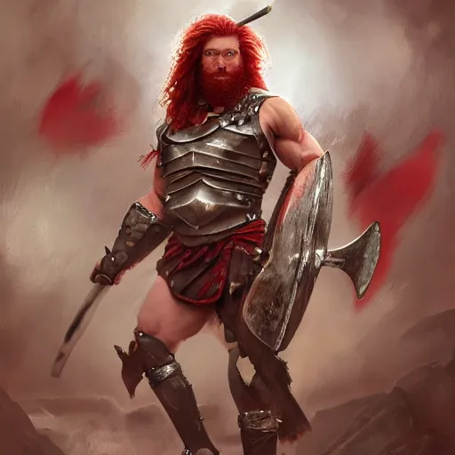 Prompt: bulky muscular scottish warrior with red hair, tribal blood paintings, waist plate armor, 4 k oil on linen by wlop, artgerm, andrei riabovitchev, nuri iyem, james gurney, james jean, greg rutkowski, highly detailed, soft lighting 8 k resolution