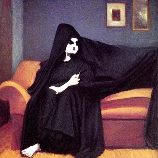 Image similar to grim reaper as a beautiful woman relaxing on the couch, thin black robe, elegant, posing, an ornate scyte is resting off to the side, vintage shading, award winning, by Ilya Repin and Dave McKean, deviant art