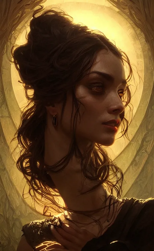 Image similar to portrait of a dark goddess, dark filaments, shadows, menacing, frightening, intricate, headshot, highly detailed, digital painting, artstation, concept art, sharp focus, cinematic lighting, illustration, art by artgerm and greg rutkowski, alphonse mucha, cgsociety