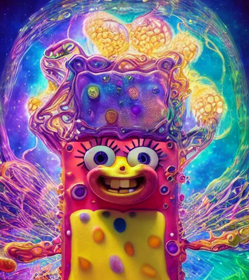 Prompt: portrait of a fantasycore glitchcore SpongeBob Squarepants. intricate abstract. intricate artwork. celestial. prismatic, by josephine wall, pixar, ghibli. octane render, CGSociety very coherent symmetrical artwork. cinematic, hyper realism, high detail, octane render, 8k, holographic accents