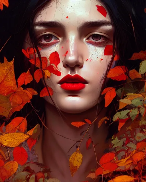 Image similar to highly detailed normal looking hippie, mundane, black hair, flying leaves on backround, symmetrical, red lips, paint by ilya kuvshinov and ilya repin trending on artstation, intricate details, energetic composition, golden ratio, concept art, illustration, elegant art