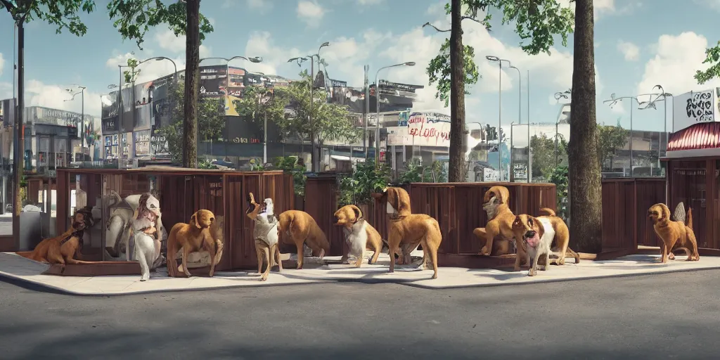 Prompt: eight dog booths on the cremlin square and a dog, beautifully detailed 4 k octane render, 4 k post processing