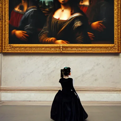 Image similar to shot from a distance, full room view, renaissance, rococo, manga, tonal, young lady, thin, dark hair, wearing flowing long babydoll - dress, flowers!, viewing the mona lisa painting inside the lourve
