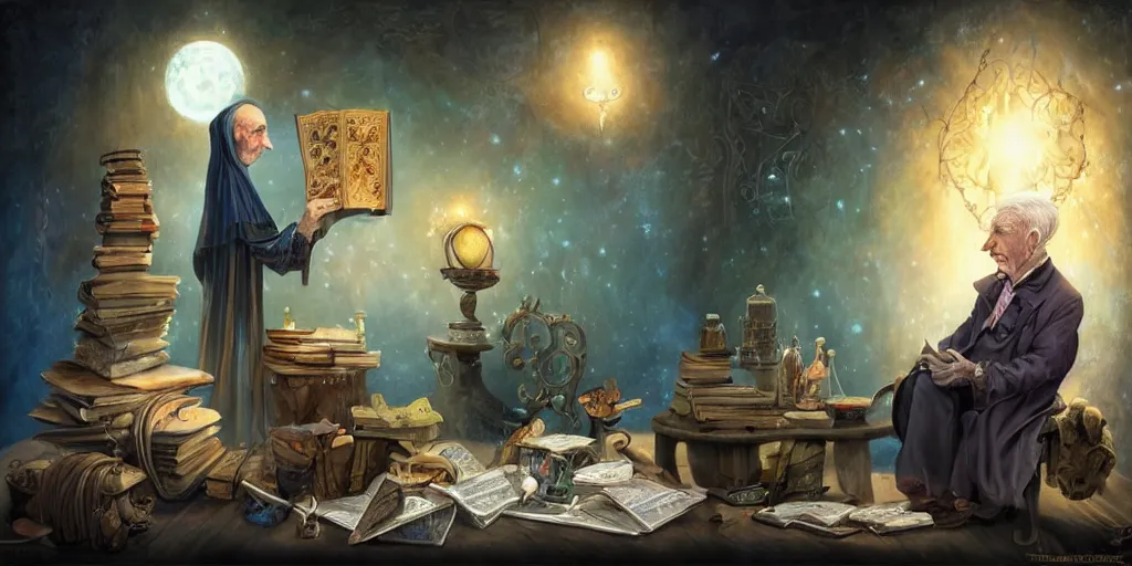 Image similar to wizened aristocrat examining the mysteries of tarot cards on a magical blackboard, background is magical blackboard with chalk,, fantasy art, matte painting, high quality, digital painting, artwork by tony sart