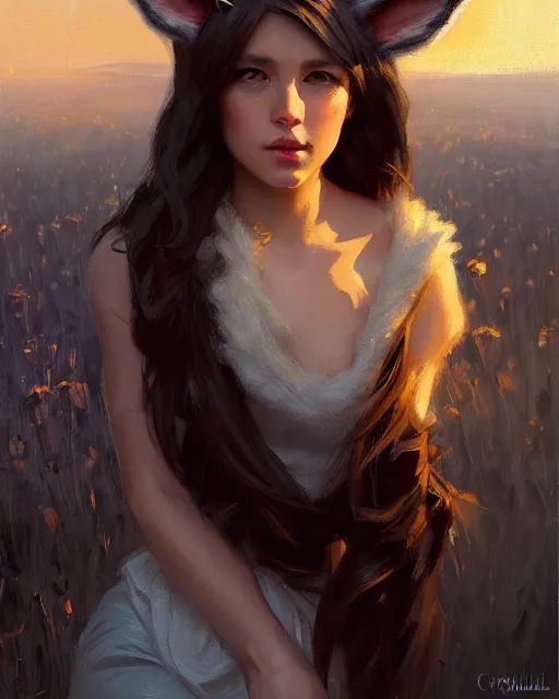 Image similar to a potrait of a girl with fox ears, fine details. night setting. realistic shaded lighting poster by craig mullism, artgerm, jeremy lipkin and michael garmash, unreal engine, radiant light, detailed and intricate environment, digital art, trending on art station