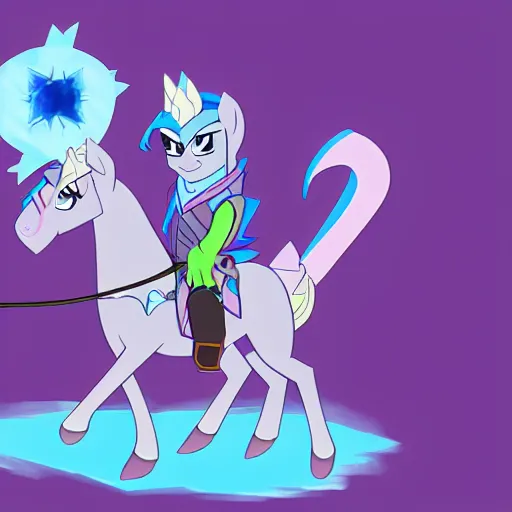 Prompt: evil ice wizard riding a pony in the style of my little pony : friendship is magic