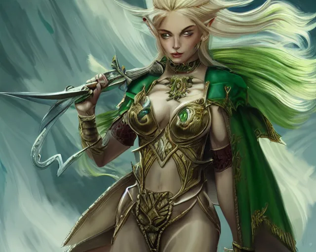Prompt: A blonde emerald warrior elf, illustration, in the style of Fernando Juarez, epic, fantasy, intricate, elegant, amazing detail, digital painting, artstation, concept art, smooth, sharp focus, illustration