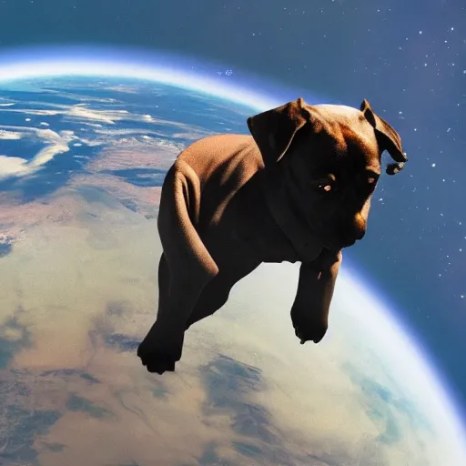 Prompt: A giant and evil dog overlooking planet earth from space