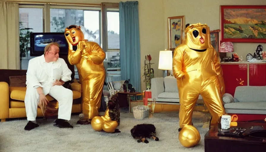 Prompt: 1990s candid 35mm photo of a beautiful day in the family living room, cinematic lighting, cinematic look, golden hour, a very large, oversized Japanese magical costumed car salesman mascot is hanging out of the TV and aggressively trying to sell the family and kids a sports car by force, the costumed salesman is a very large giant, he has fancy decorations on his costume, there is an expensive sports car in the living room with the family, sports car in the room, UHD