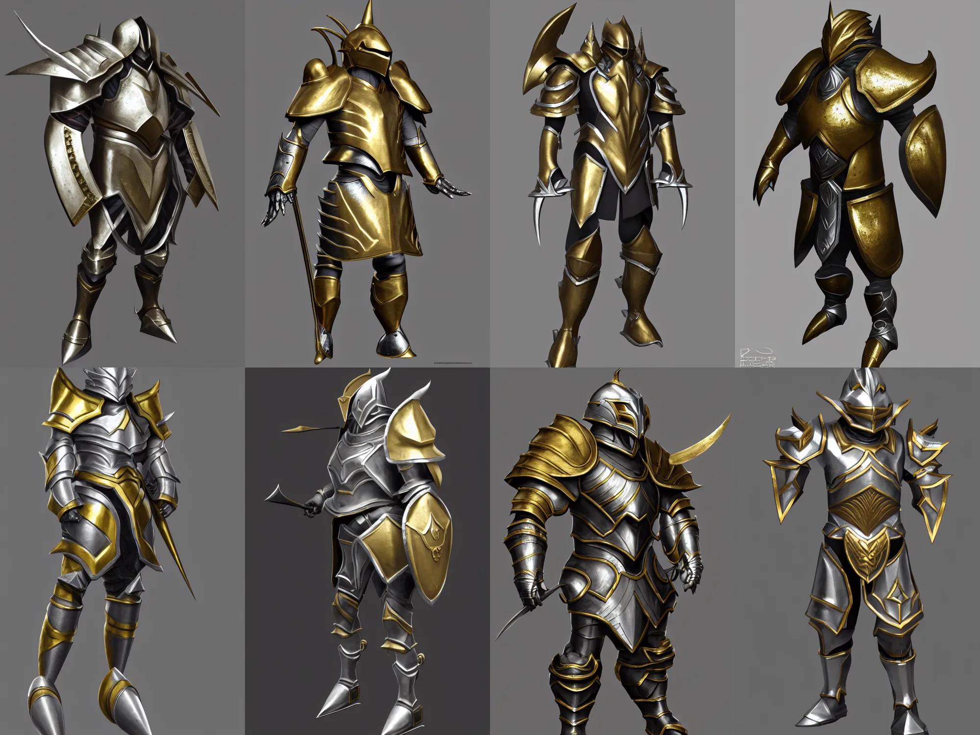 Prompt: render of heavy fantasy armor for a duelist, silver with gold trim, hyperrealistic, extremely clean, flat shading, exaggerated proportions, trending on Artstation, fantasy character concept, HD Octane render