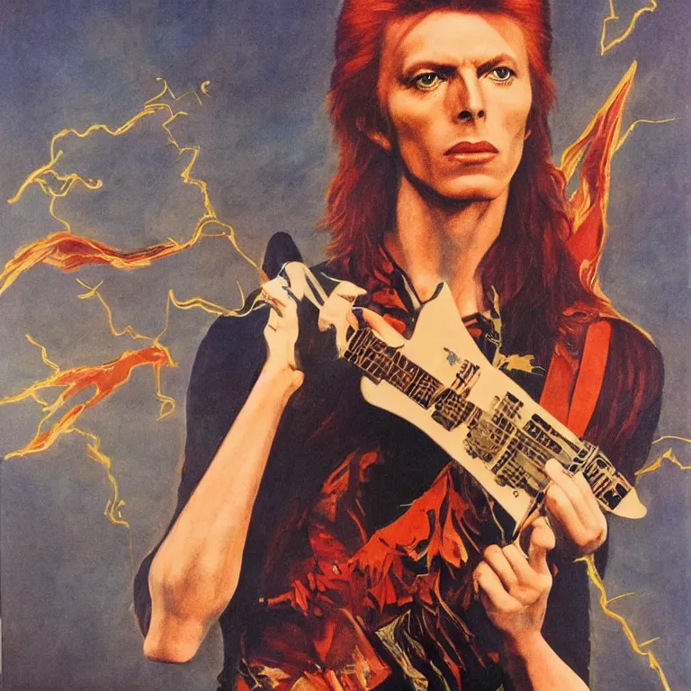 Image similar to Pre-Raphaelite portrait of 1970s David Bowie, ziggy stardust playing flying V guitar, single lighning strike in background. Flash Gorden