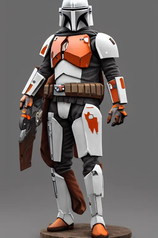 Image similar to mandalorian overwatch style statue made of white and orange marble standing, 3 d render, octane render, unreal engine, overwatch, detailed, dynamic light, beautiful, rococo, accents of red