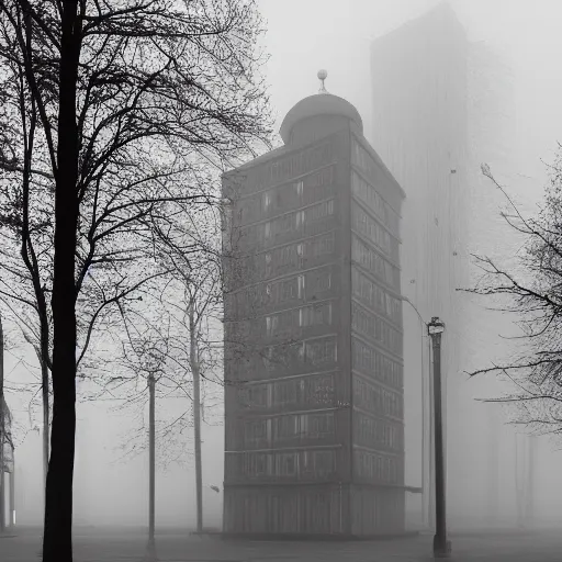 Image similar to tall soviet panel building in a fog, cinematic, 8k resolution, beautiful detailed, insanely intricate details