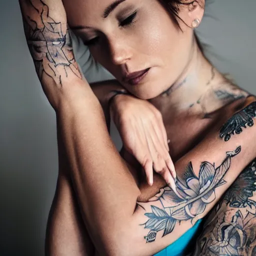 Prompt: woman with tattoo, close - up photography