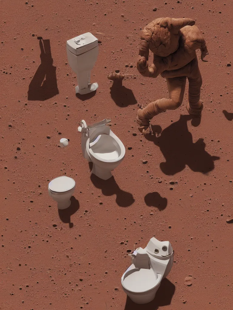 Prompt: a maniac finds a toilet on mars, 4k, photoreal, colour polaroid photo