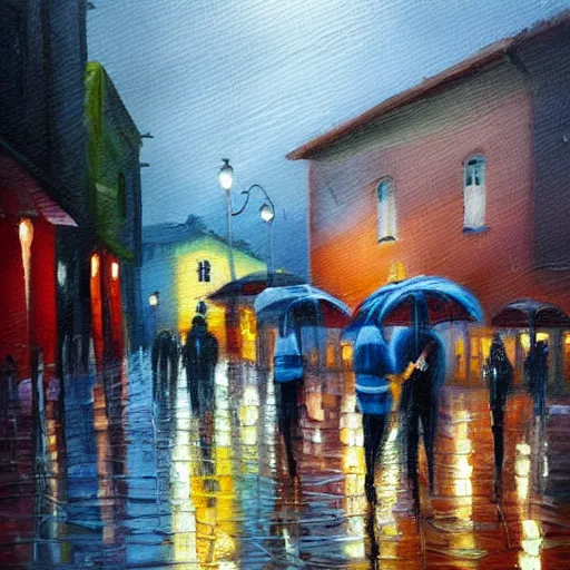 Prompt: drinking coffe in the rain, oil paiting, italian city