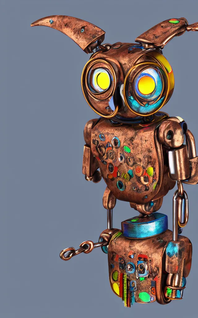 Prompt: colored pencil and pen drawing of an animatronic robot owl - bird made from rusty old keys and padlocks, 4 k photorender realityengine