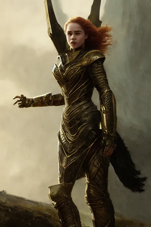 Image similar to redhead emilia clarke wearing black and gold geometric armour, bare legs, detailed, by gaston bussiere, bayard wu, greg rutkowski, giger, maxim verehin, greg rutkowski, masterpiece, sharp focus, cinematic lightning