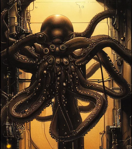 Image similar to a cybernetic realistic octopus in a space station, techwear, Industrial Scifi, detailed illustration, character portrait, by Ashley Wood and Moebius