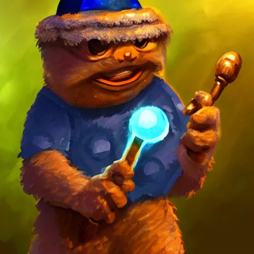 Image similar to pepe the miner with a big spoon full of blue crystals, dark cave, artstation, dramatic light, low angle