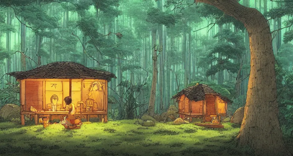 Prompt: beautiful wide shot cozy hut in the forest near river with fireflies , studio ghibli, Miyazaki, studio ghibli, Jean girard, Moebius , animation, golden hour, highly detailed, 70mm