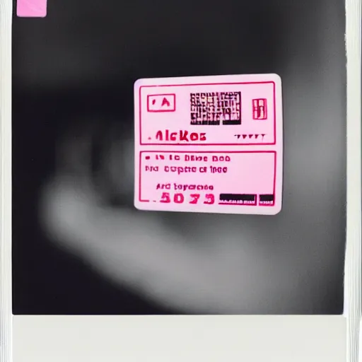 Prompt: a filmic polaroid photo of tickets printing from a ticket machine with symbols, vector graphic design of pale pink airline tickets that read “ to the metaverse ” in bold text, alien ar code and e - ink display, highly detailed, no noise, coherent text english characters