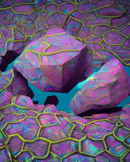 Prompt: psychedelic visions of huge rocks hallucinating on mescaline, futuristic iridescent metal constructions, no text, rendered with octane, hyper realistic, hyper detailed, surreal, futuristic, 8k