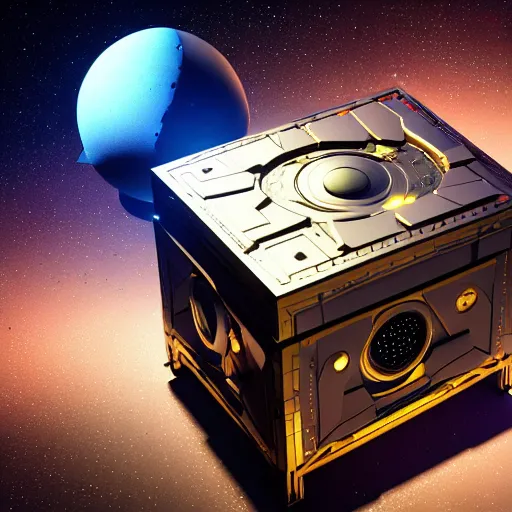 Prompt: ultra detailed photorealistic the c 4 d render glittering huge square mystery box covered with space craft parts, cinematic light, sci fi, glossy, cybernetic machines, steampunk, robotics, futuristic decor, trending on artstation, without text, global illumination, ultra realistic illustration, matte painting, high detailed, unreal engine, 4 k, octane render, by sparth