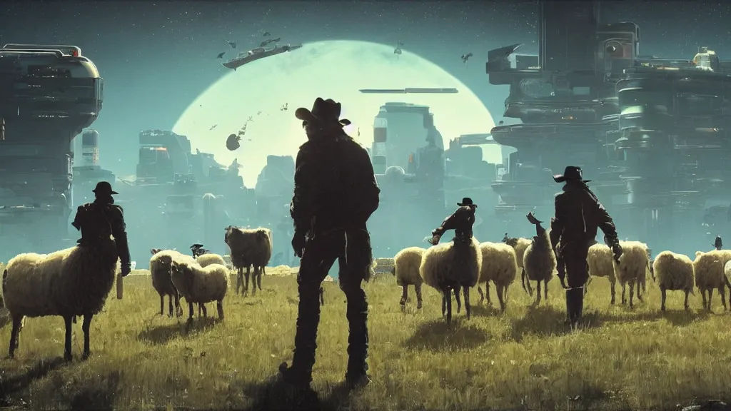 Image similar to Cyberpunk cowboys herding sheep in a No Man's Sky landscape in the style of Frederic Remington