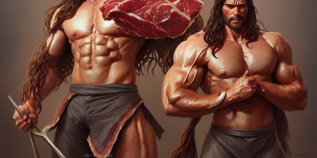 Image similar to a long haired muscular warrior in a suit of meat, highly detailed, digital painting, artstation, concept art, matte, sharp focus, illustration, art by artgerm and greg rutkowski and alphonse mucha