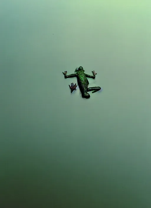 Image similar to semi translucent smiling frog amphibian hovering over misty lake in Jesus Christ pose, cinematic shot by Andrei Tarkovsky, paranormal, spiritual, mystical