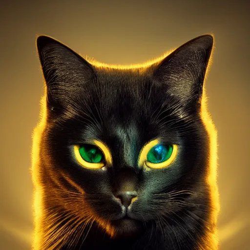 Image similar to black void cat with golden glowing eyes, fairytale, beautiful, intricate, elegant, ornate, super detailed, Octane render, reflections