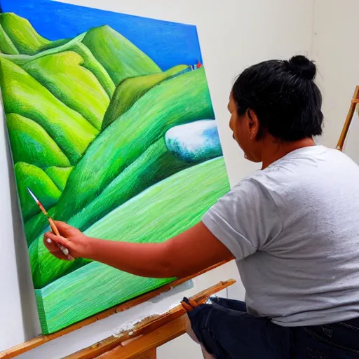 Prompt: A Peruvian artist painting a plain green picture on canvas