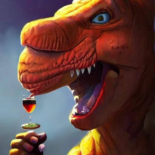 Image similar to barney the dinosaur from kids show drinking whisky and smoking a cigar, portrait art by and greg rutkowski, digital art, trending on artstation