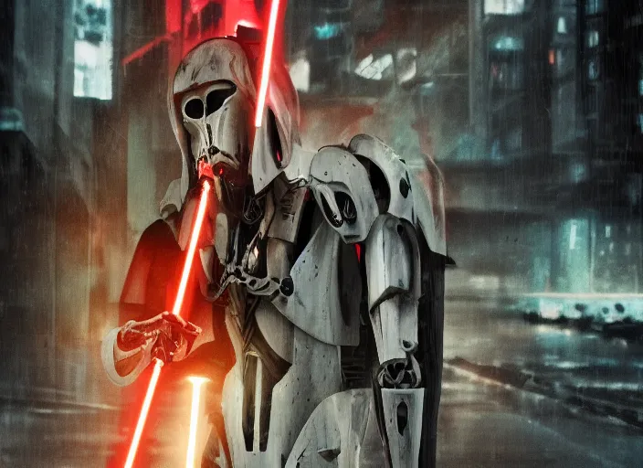 Image similar to 3 5 mm portrait photo of ( general grievous )!! with heavy duty biomechanical cybernetic body with 4 arms holding red lightsabers in the city in the rain. cyberpunk horror in the style of george lucas.