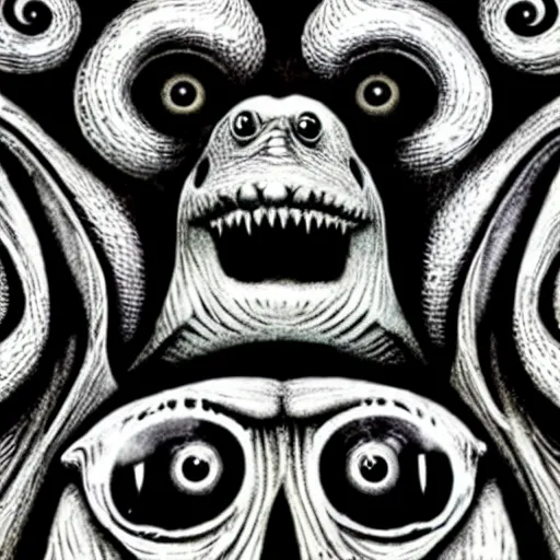 Prompt: closeup of an adorable, eldritch frog abomination of unimaginable horror by h. r. giger and junji ito, speculative evolution, op art with big bold patterns