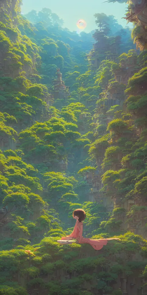 Image similar to highly detailed vfx panoramic landscape of studio ghibli, stephen bliss, unreal engine, greg rutkowski, loish, rhads, beeple, makoto shinkai and lois van baarle, ilya kuvshinov, rossdraws, tom bagshaw, alphonse mucha, global illumination, detailed and intricate environment