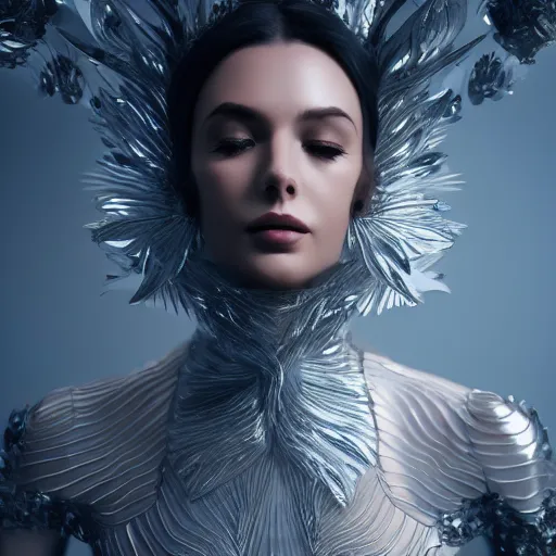 Image similar to a highly detailed digital image of a futuristic elegant woman wrapped with silver leaves, artstation, extremely detailed woman, stunning volumetric lighting, unreal engine 4k, 8k