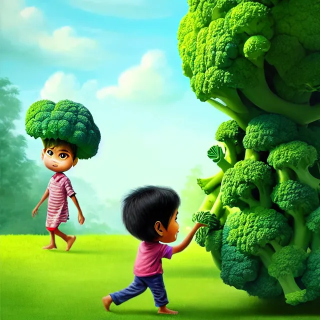 Prompt: epic professional kids book art of an East Indian toddler boy walking beside a giant anthropomorphic friendly broccoli, best on artstation, cgsociety, wlop, Behance, pixiv, astonishing, impressive, outstanding, epic, cinematic, stunning, gorgeous, breathtaking kids comic style art, masterpiece.