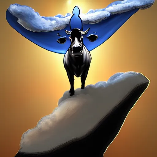 Prompt: digital art, trending on artstation, a cow wearing a cape flying in the sky with clouds